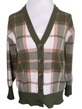 Rachel Zoe Plaid V-Neck Soft Knit Cardigan Olive Green Tan Medium